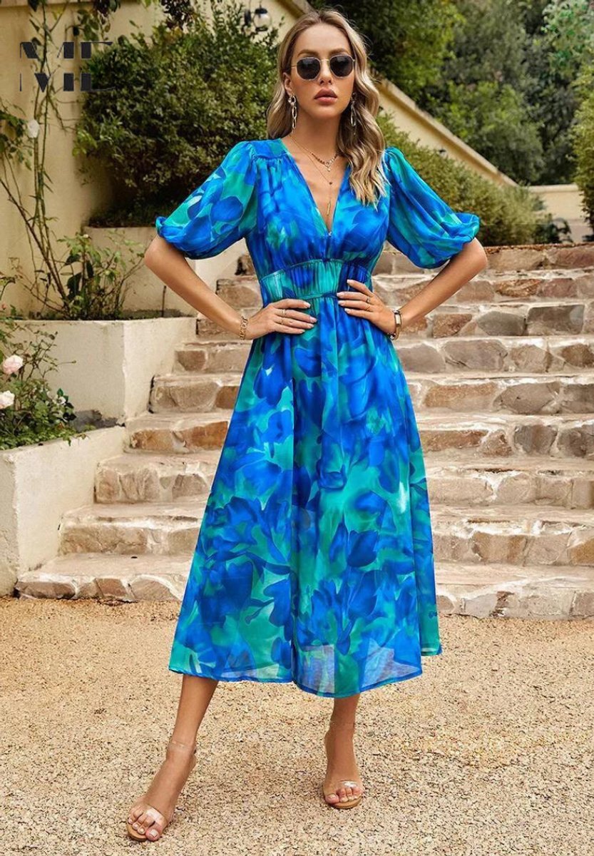 Women's Multicolour Botanical Floral Dress V-Neck Midi - Blue