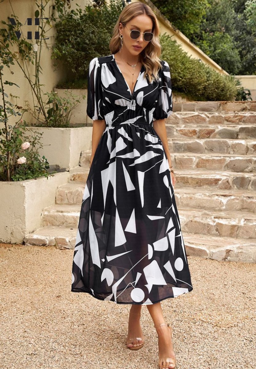 Women's Multicolour Botanical Floral Dress V-Neck Midi - Black