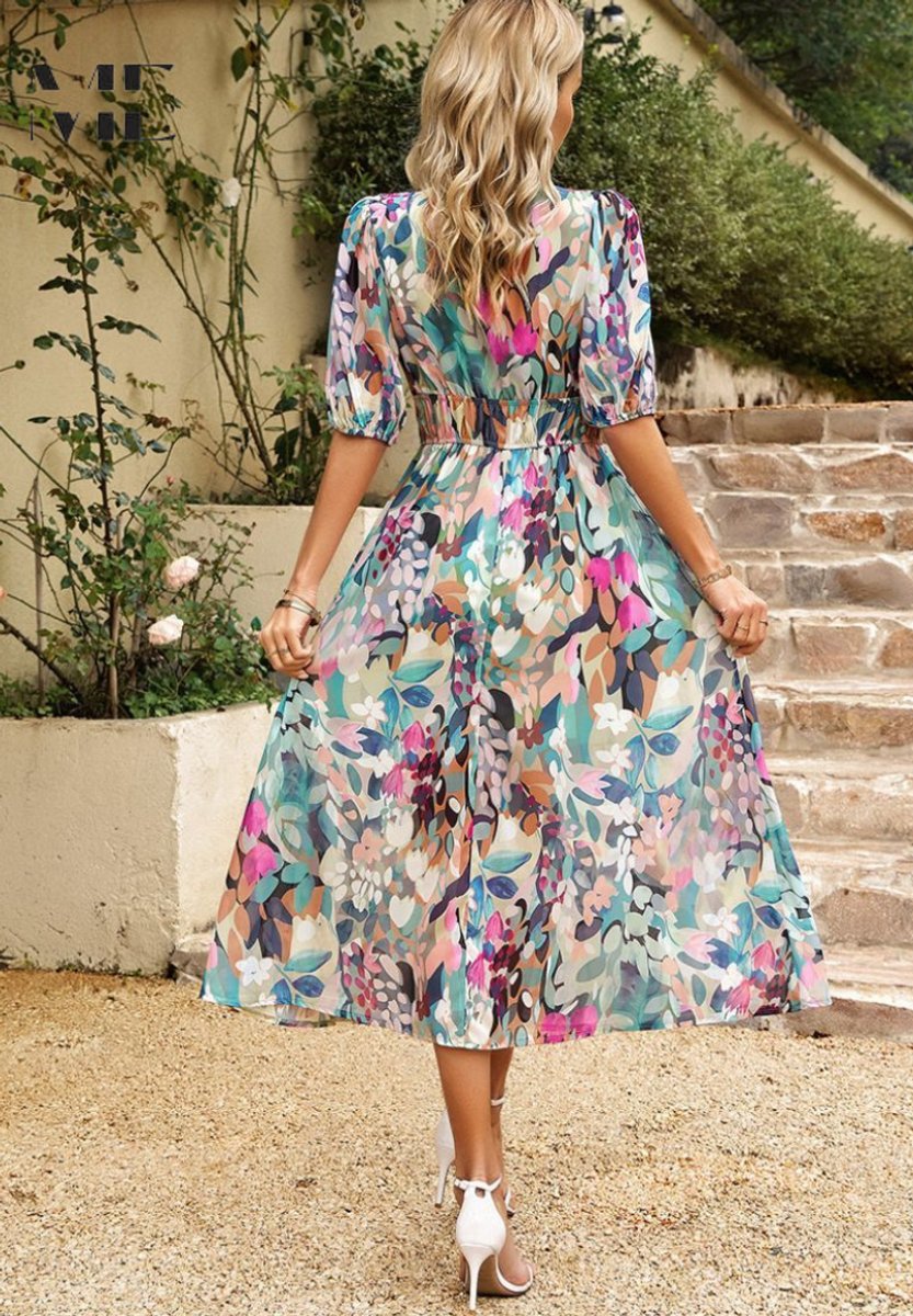 Women's Multicolour Botanical Floral Dress V-Neck Midi