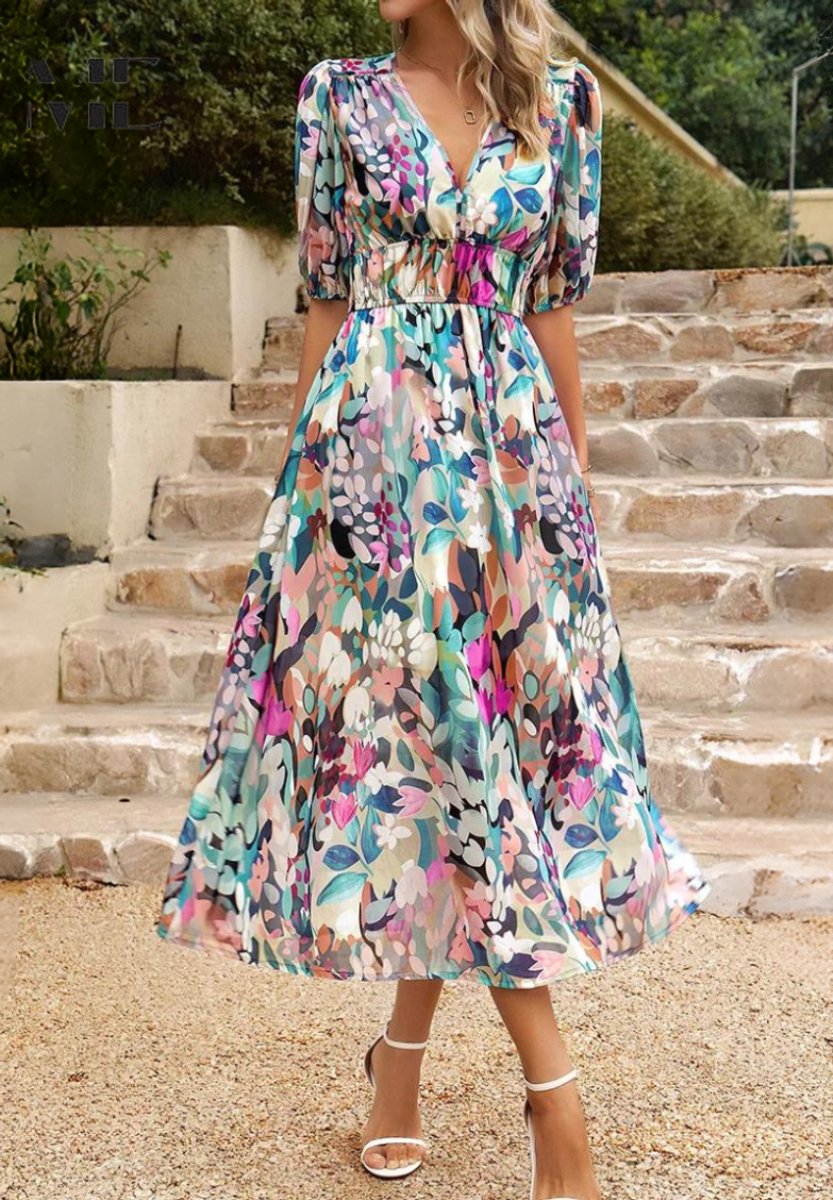 Women's Multicolour Botanical Floral Dress V-Neck Midi