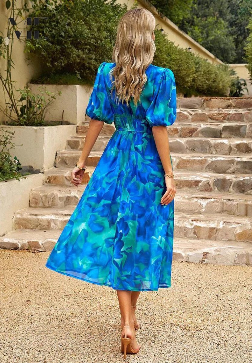 Women's Multicolour Botanical Floral Dress V-Neck Midi