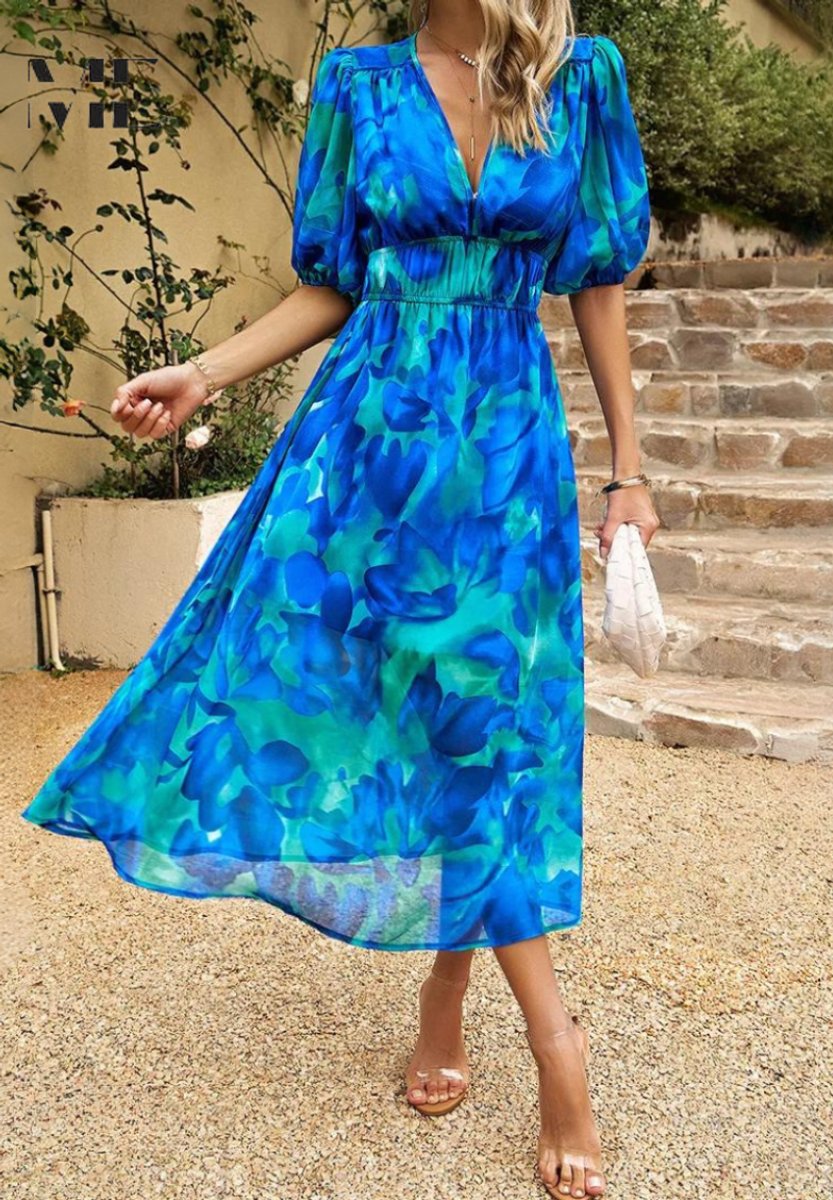 Women's Multicolour Botanical Floral Dress V-Neck Midi