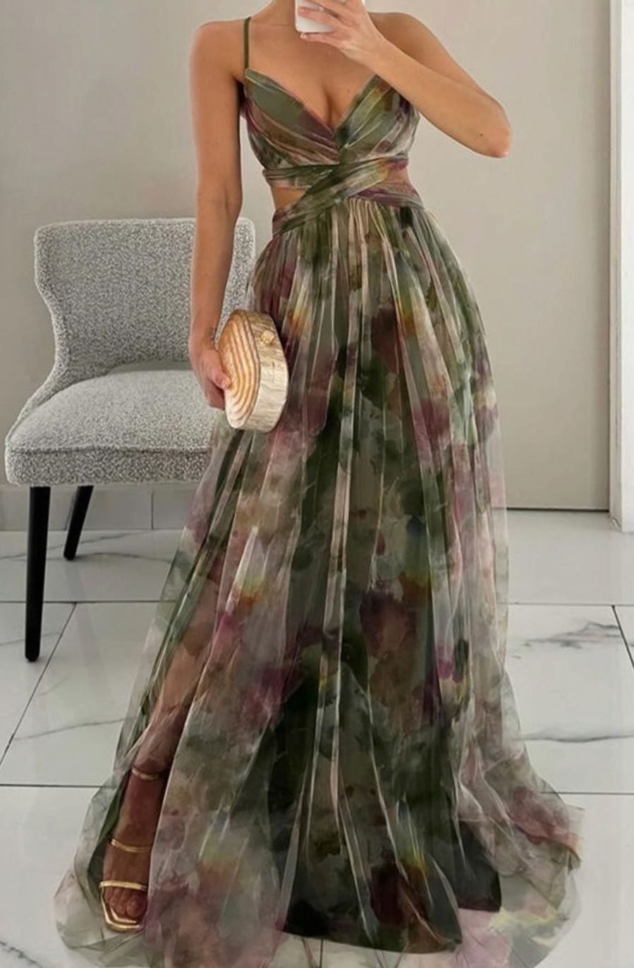 Women's Multicolour Flowy V-Neck Thin-Strap Maxi Dress