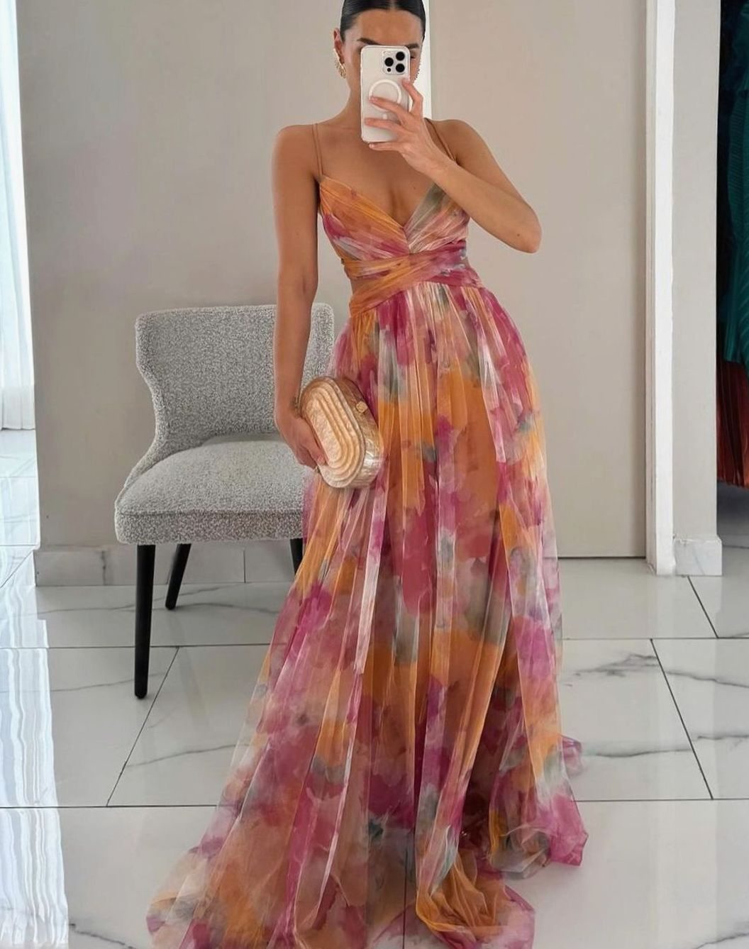 Women's Multicolour Flowy V-Neck Thin-Strap Maxi Dress