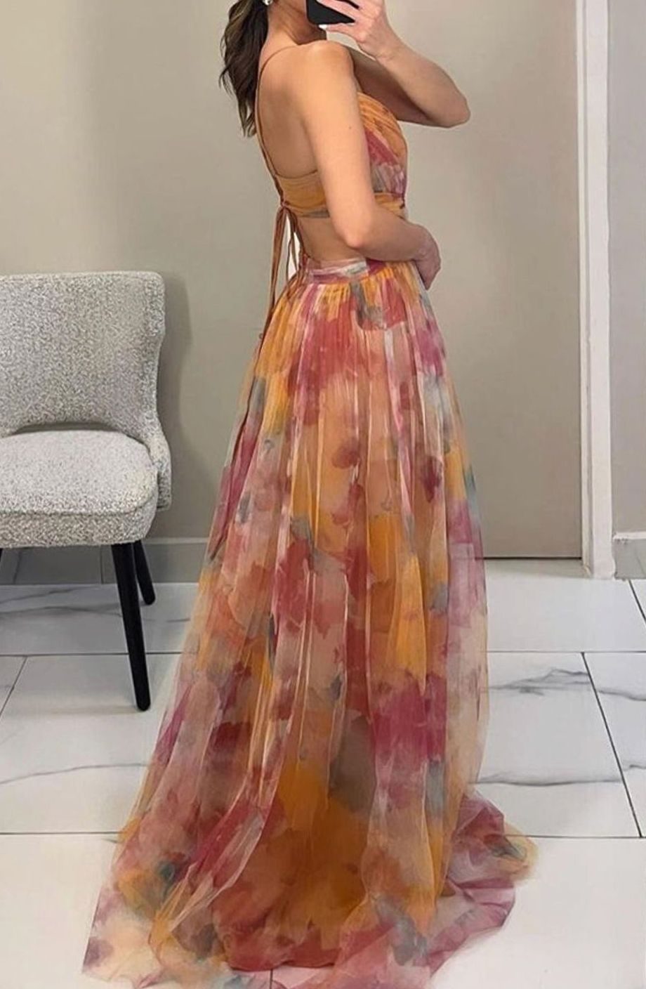 Women's Multicolour Flowy V-Neck Thin-Strap Maxi Dress