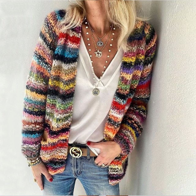 Women's Multicolour Striped Open-Front Knit Cardigan - Red