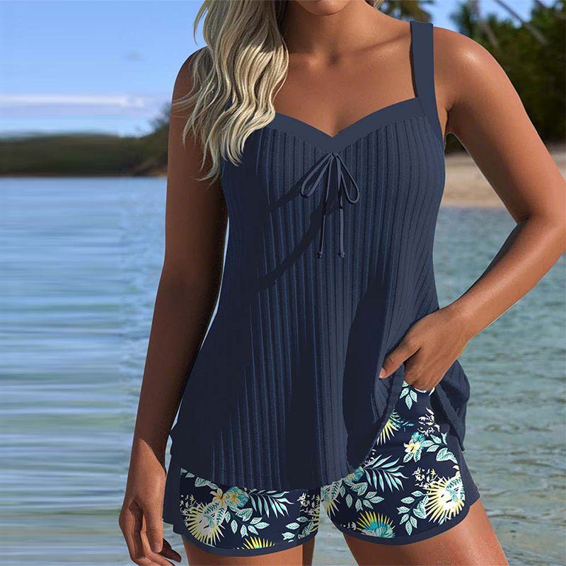 Women's Navy Striped Ribbed Tankini Two-Piece Set - Navy Blue