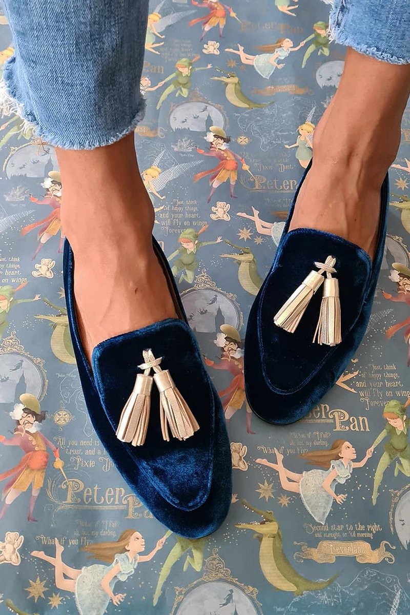 Women's Navy Velvet Tassel Slip-On Loafers - Blue