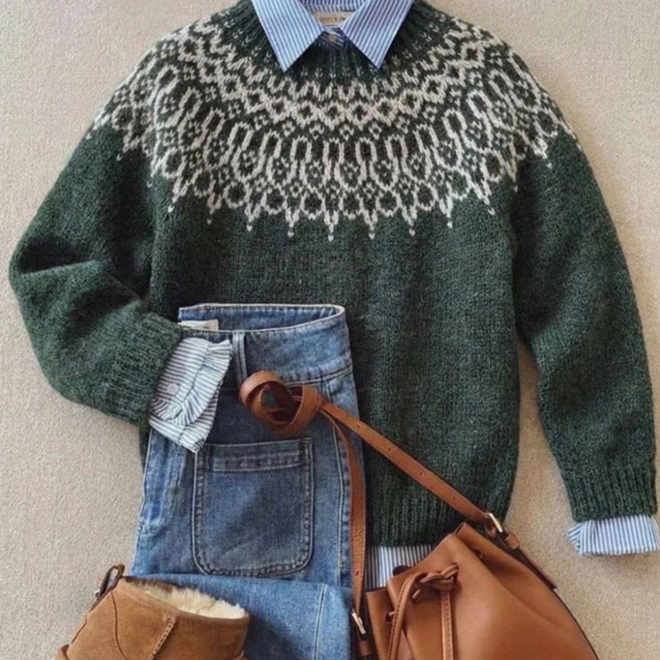 Women's Nordic Fair Isle Knit Top Relaxed Pullover Sweater - Green