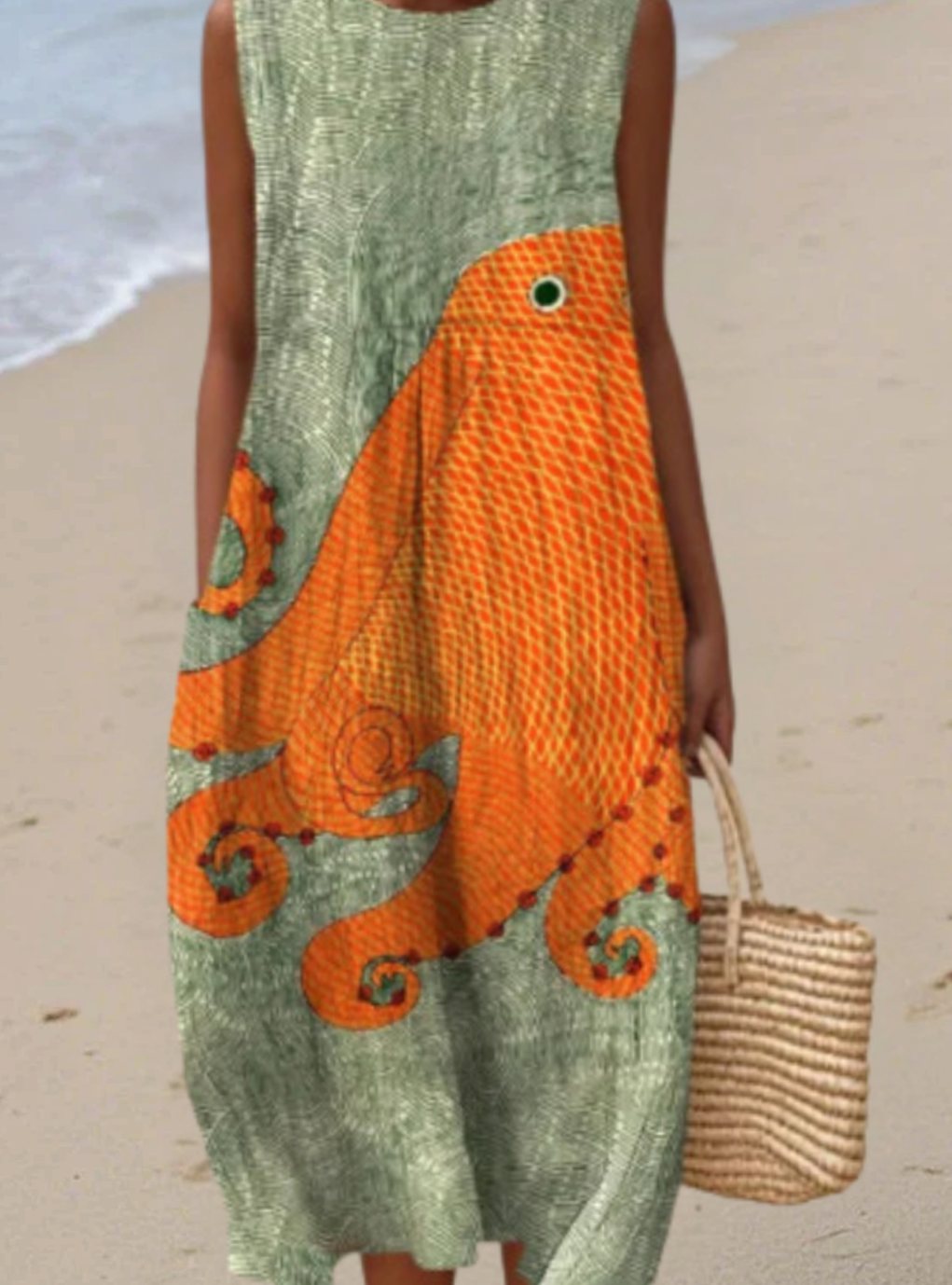 Women's Octopus Print Relaxed-Fit Midi Sleeveless Dress - Multicolour