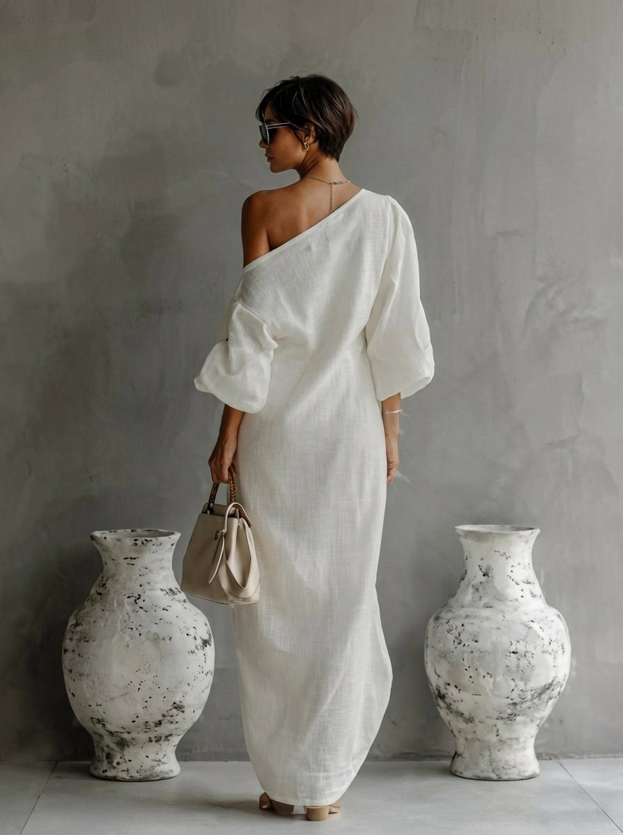 Women's Off-Shoulder Batwing Sleeve Relaxed Linen Maxi Dresses