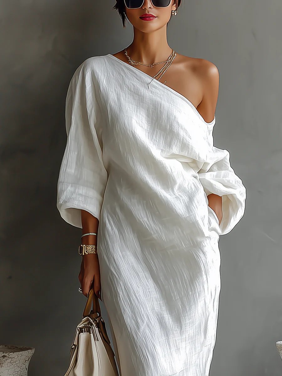 Women's Off-Shoulder Batwing Sleeve Relaxed Linen Maxi Dresses