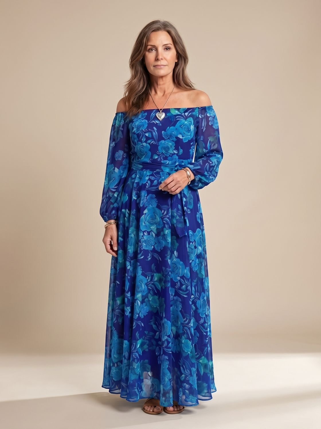Women's Off Shoulder Long-Sleeve Floral Chiffon Maxi Dress - Blue