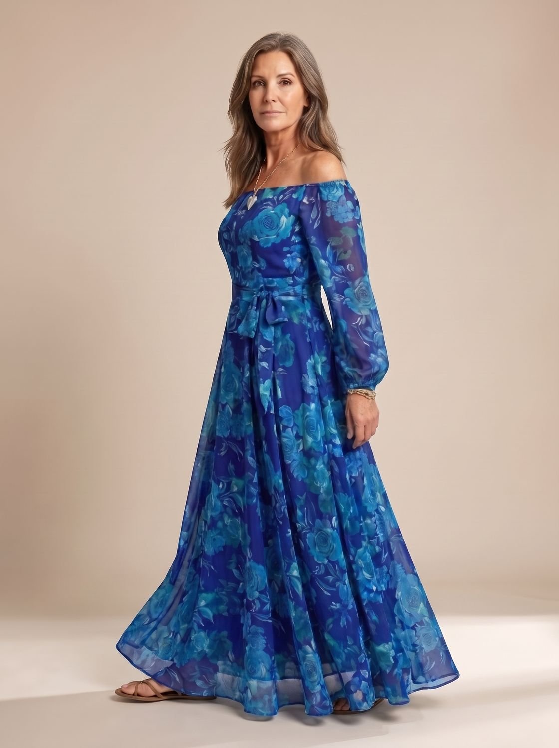 Women's Off Shoulder Long-Sleeve Floral Chiffon Maxi Dress