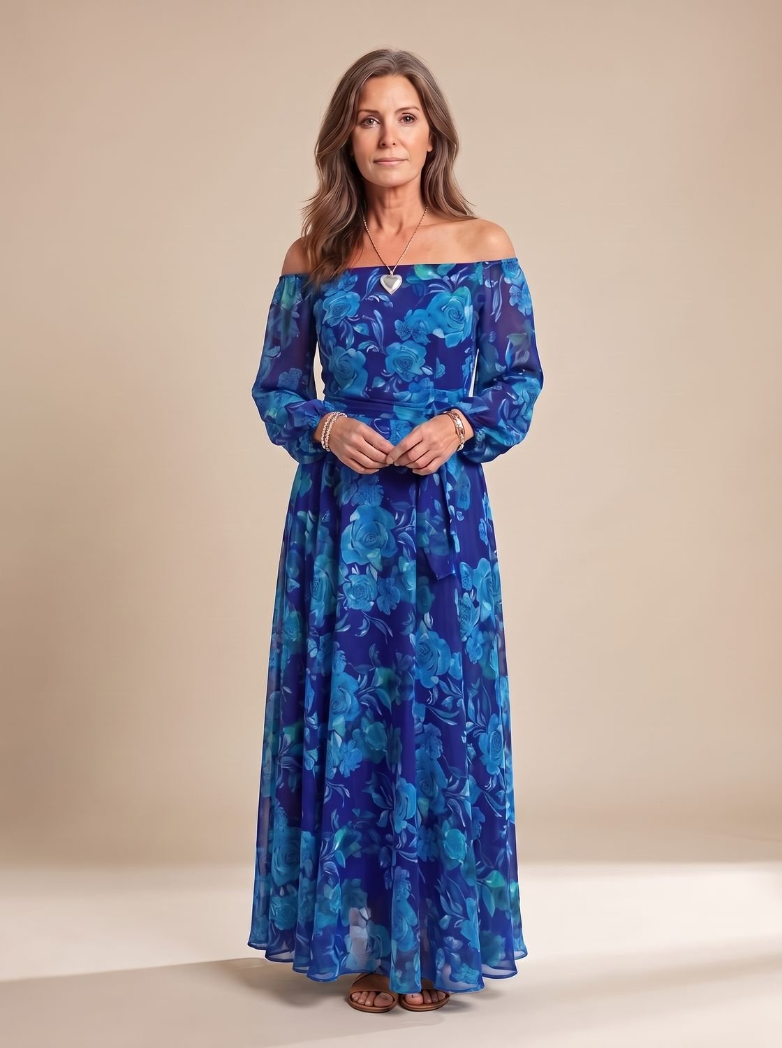 Women's Off Shoulder Long-Sleeve Floral Chiffon Maxi Dress