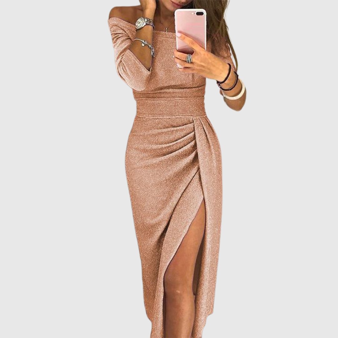 Women's Off-Shoulder Long Sleeve Ruched Maxi Dresses Side Slit - Champagne