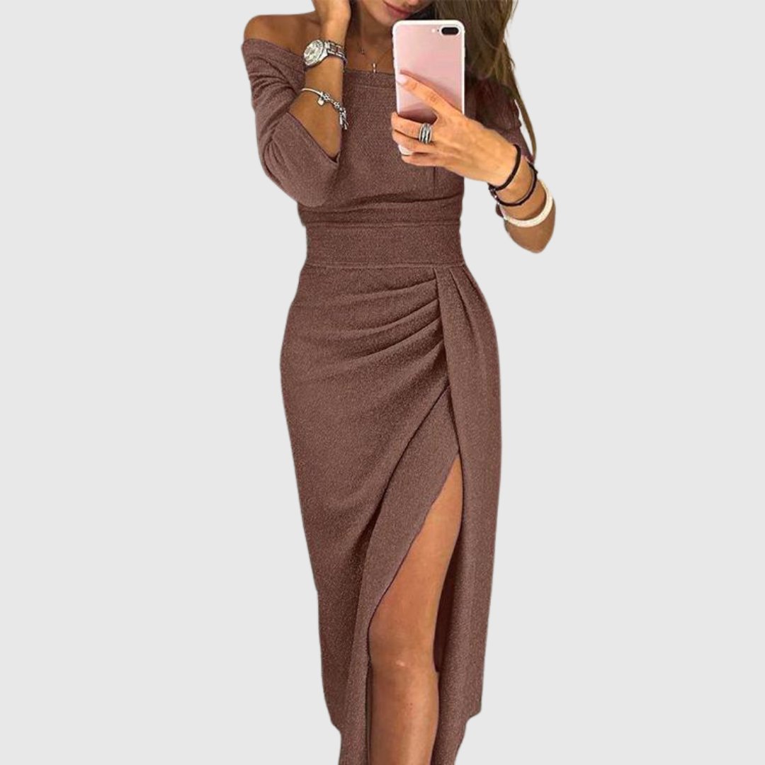 Women's Off-Shoulder Long Sleeve Ruched Maxi Dresses Side Slit - Brown