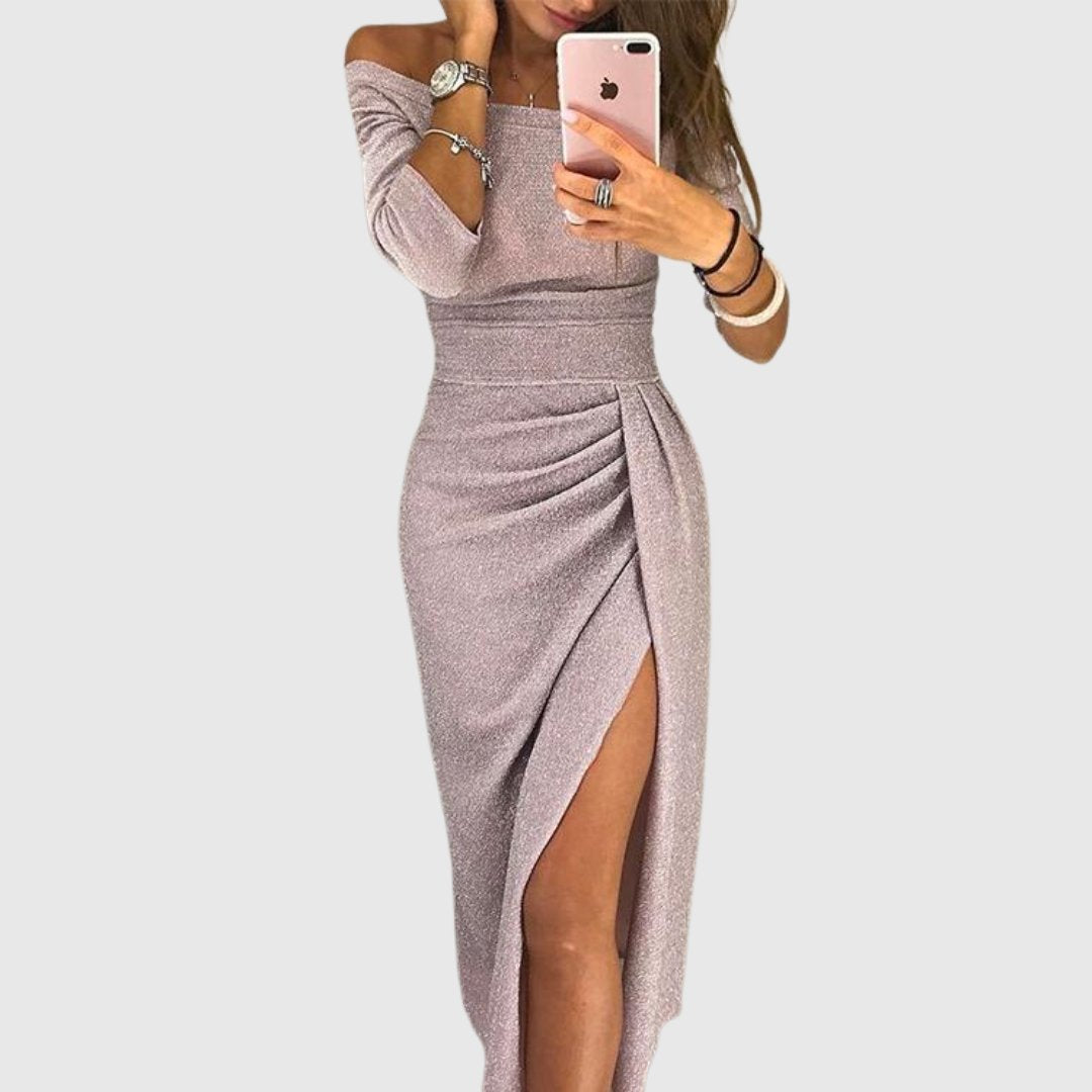 Women's Off-Shoulder Long Sleeve Ruched Maxi Dresses Side Slit - Pink