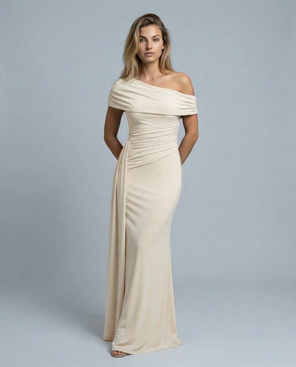 Women's Off-Shoulder Maxi Summer Dress Jumpsuit Ruched Formal Gown - Beige