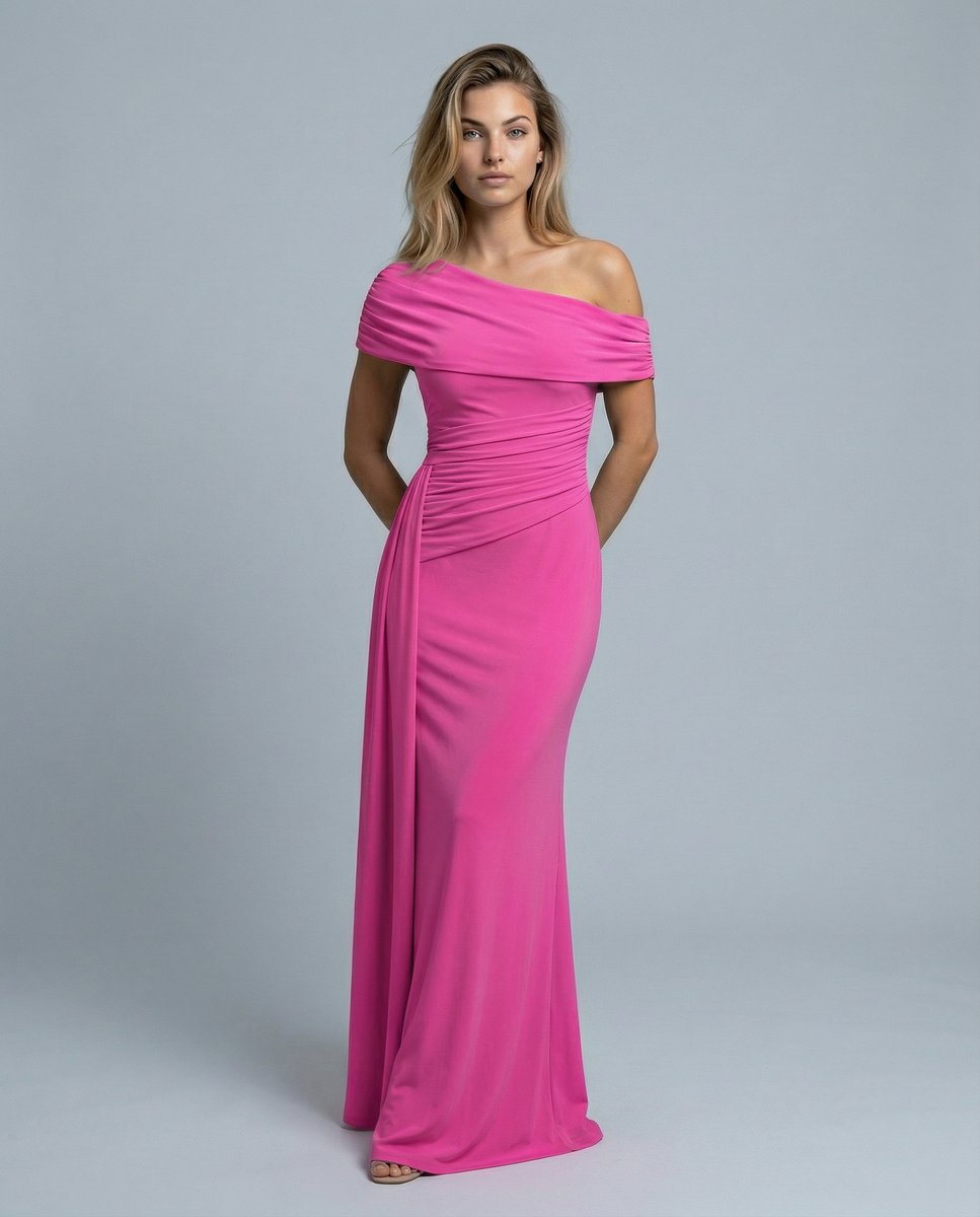 Women's Off-Shoulder Maxi Summer Dress Jumpsuit Ruched Formal Gown - Pink