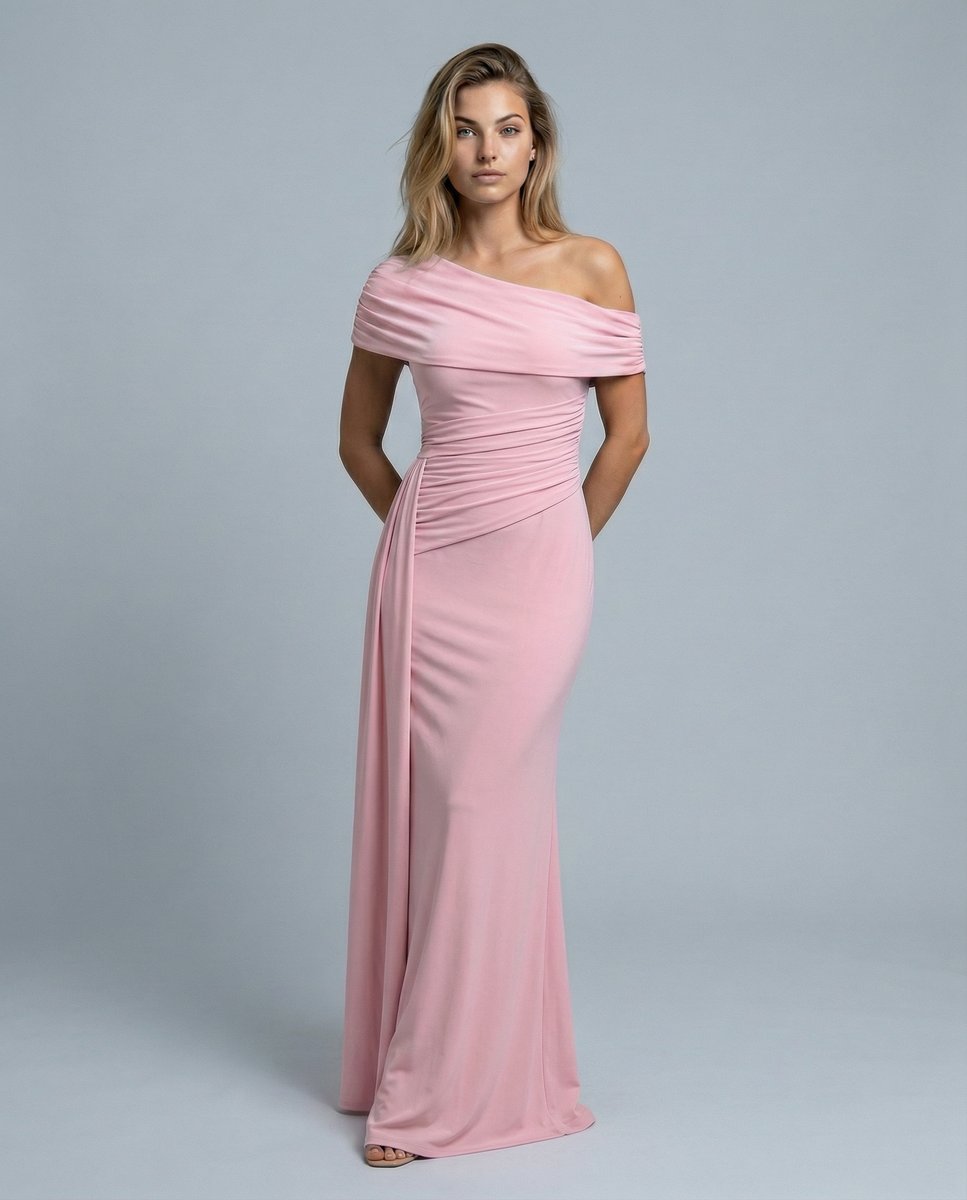 Women's Off-Shoulder Maxi Summer Dress Jumpsuit Ruched Formal Gown - Dusty Pink