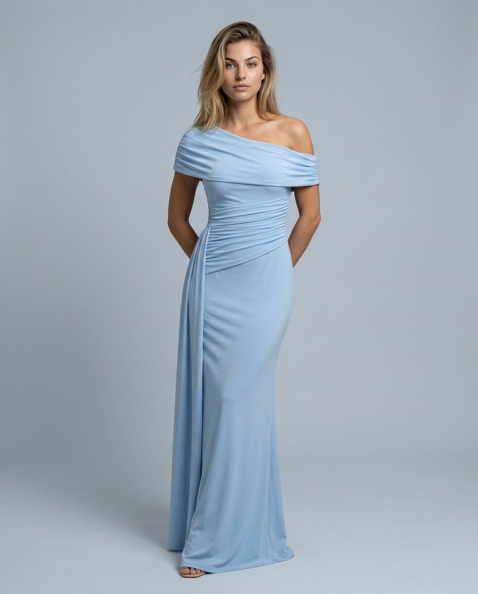 Women's Off-Shoulder Maxi Summer Dress Jumpsuit Ruched Formal Gown - Light Blue