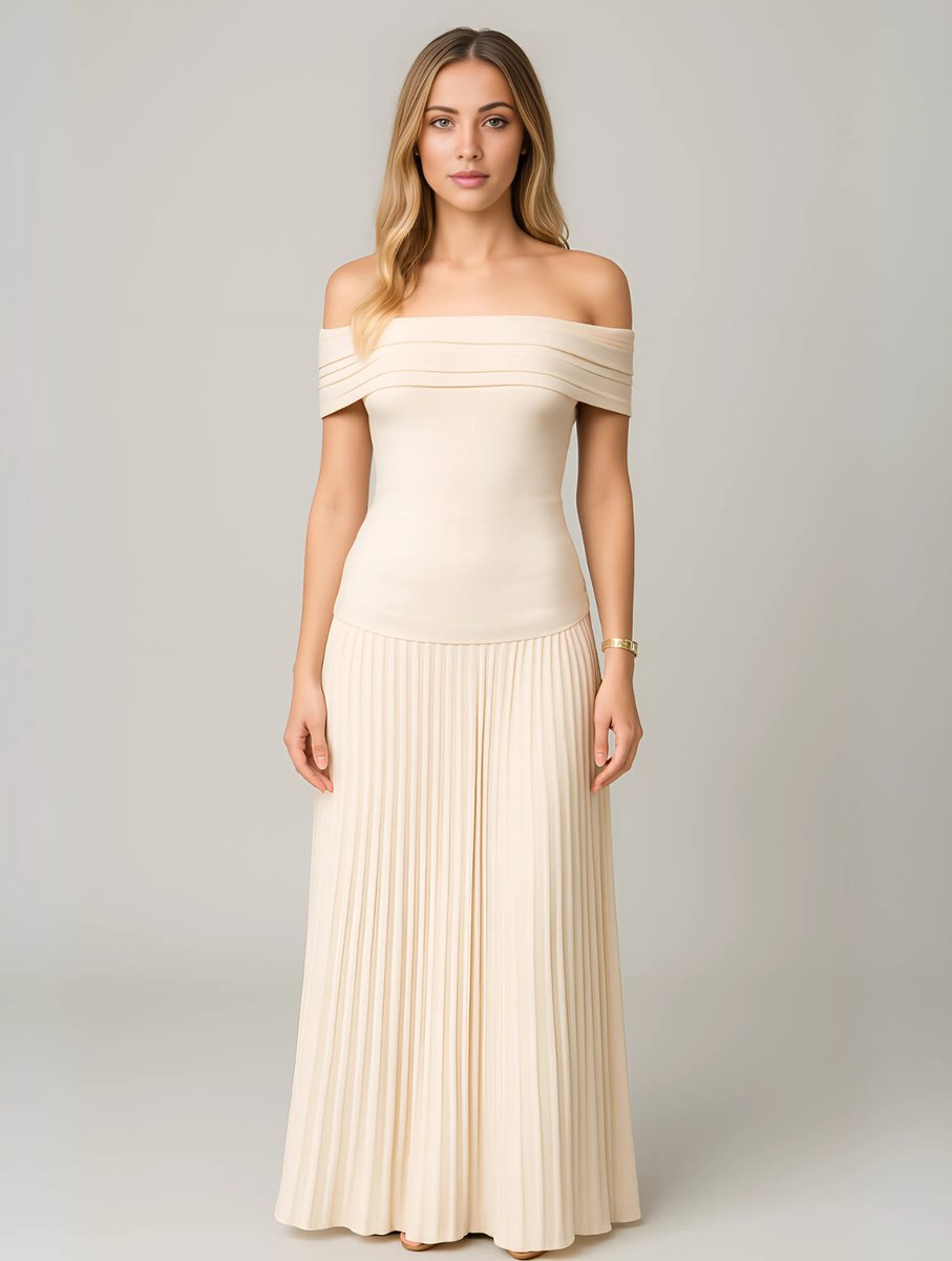 Women's Off-Shoulder Pleated Maxi Wedding Guest Dress - Beige