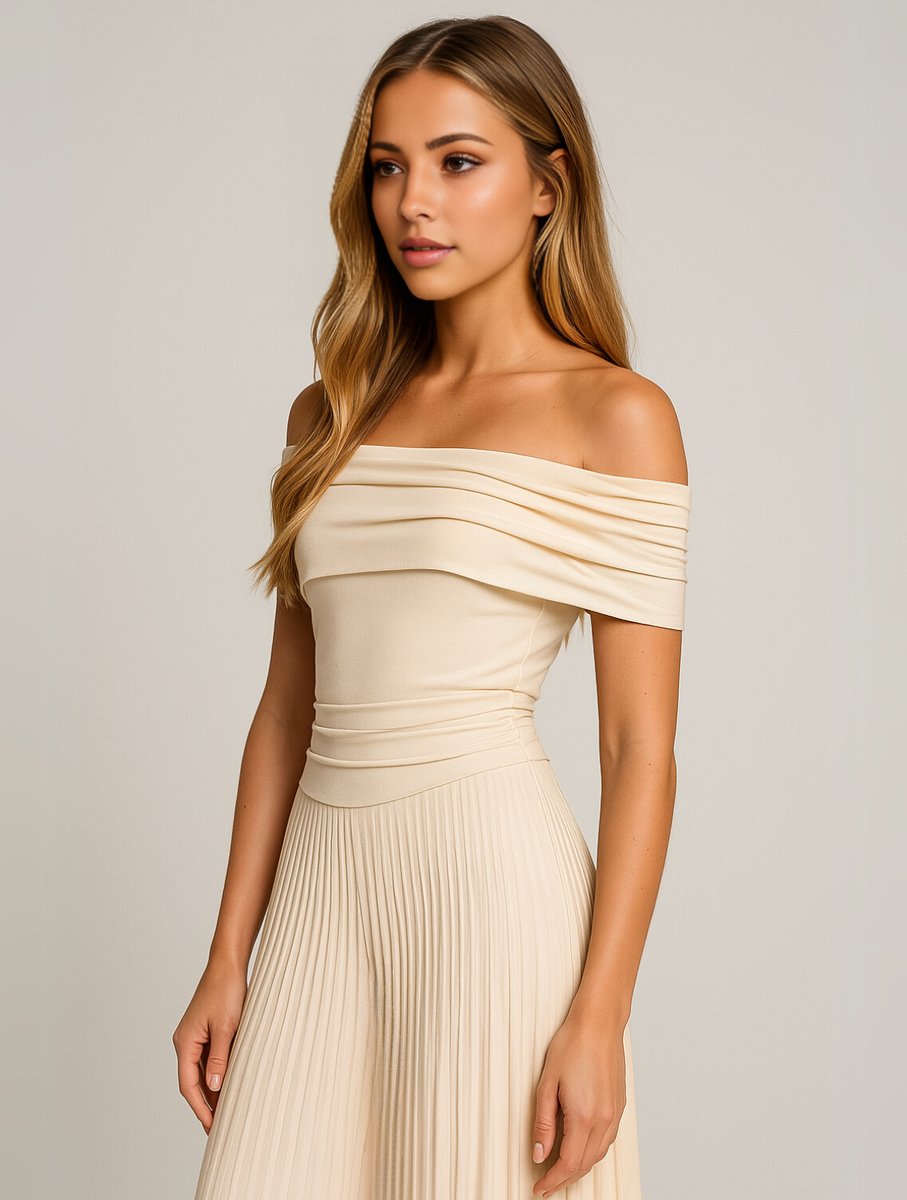 Women's Off-Shoulder Pleated Maxi Wedding Guest Dress