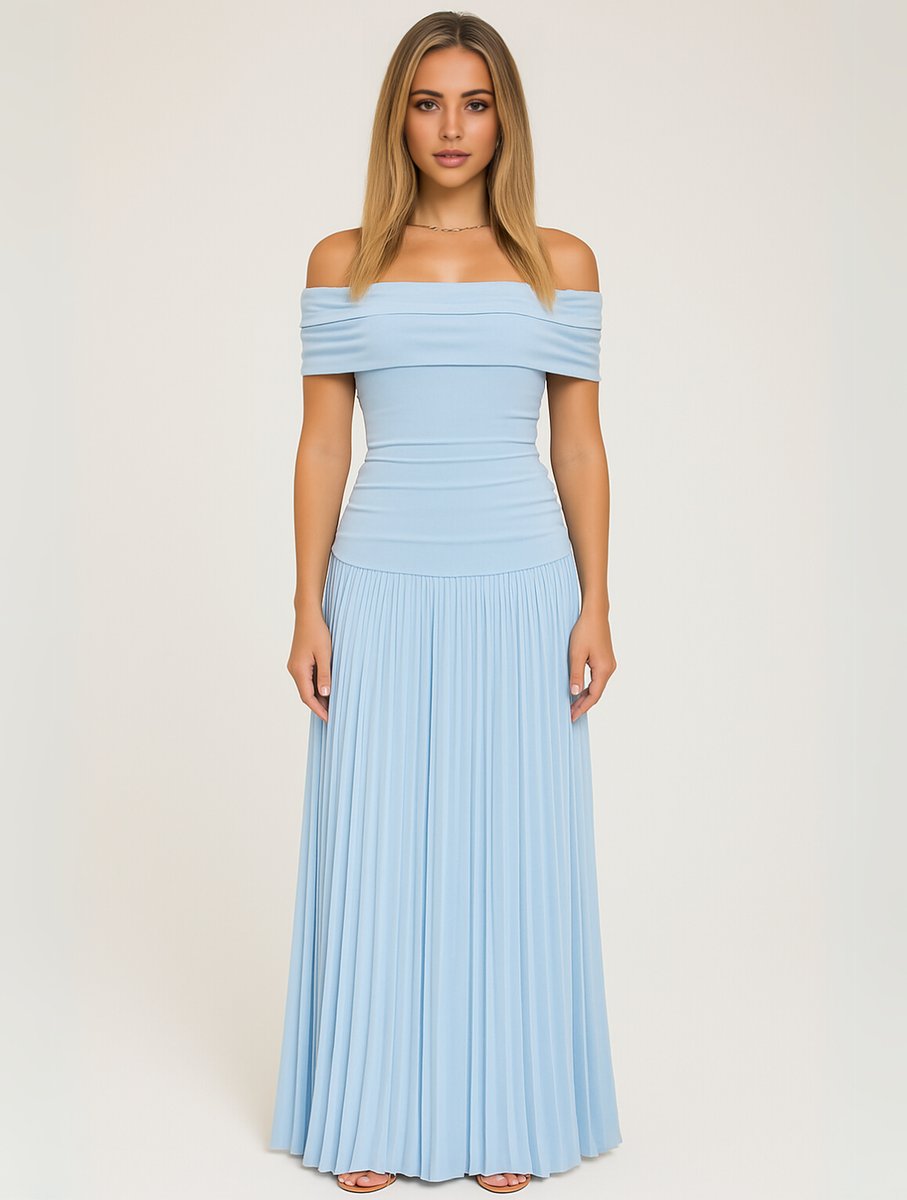 Women's Off-Shoulder Pleated Maxi Wedding Guest Dress - Light Blue