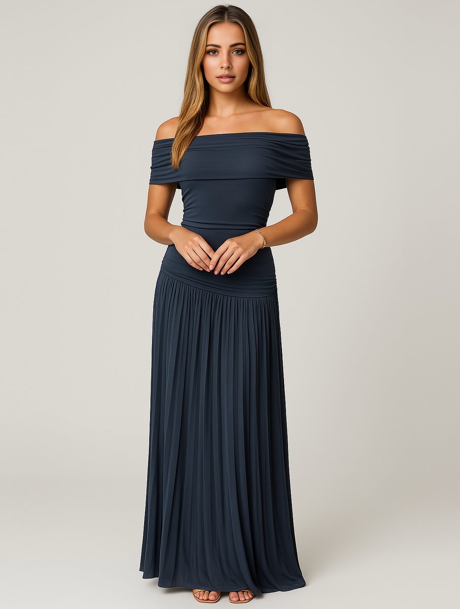 Women's Off-Shoulder Pleated Maxi Wedding Guest Dress - Navy Blue