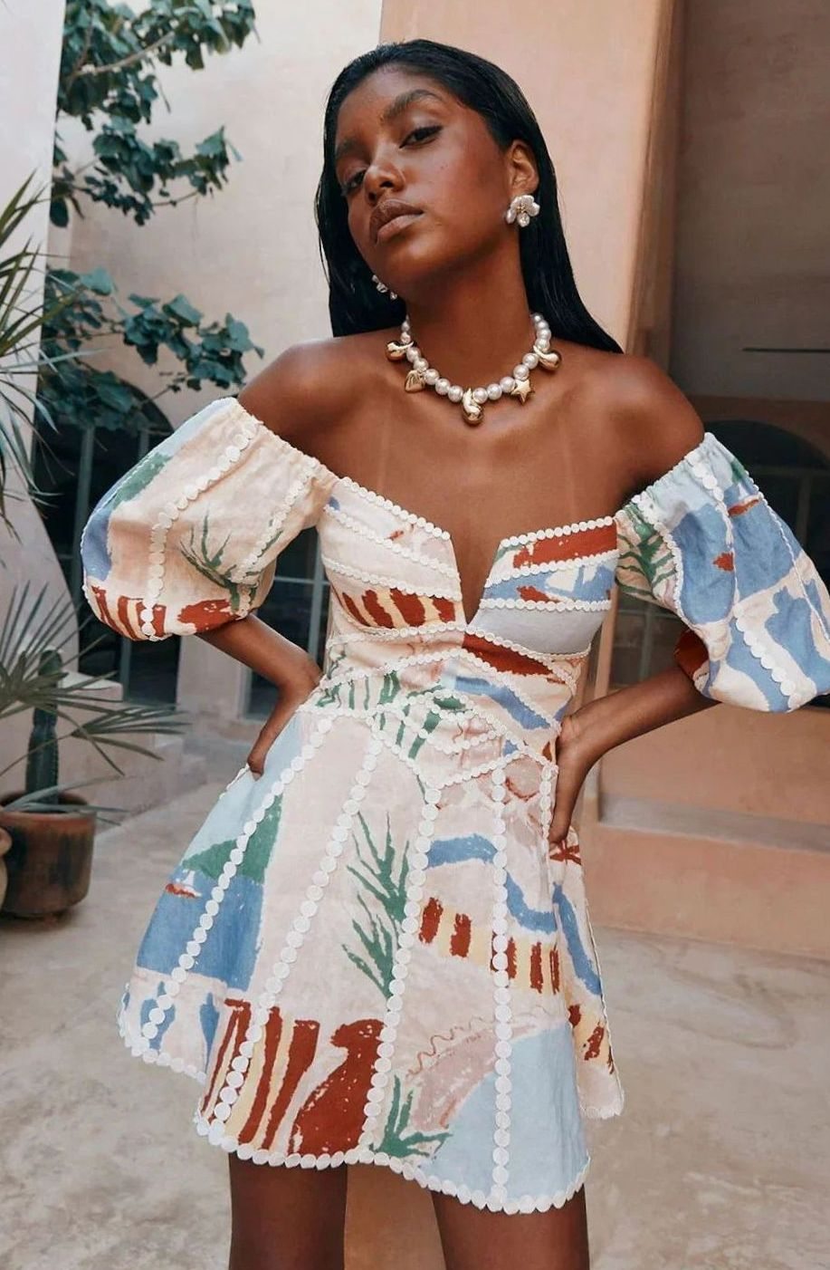 Women's Off-Shoulder Puff Sleeve Abstract Print Mini Dress - White