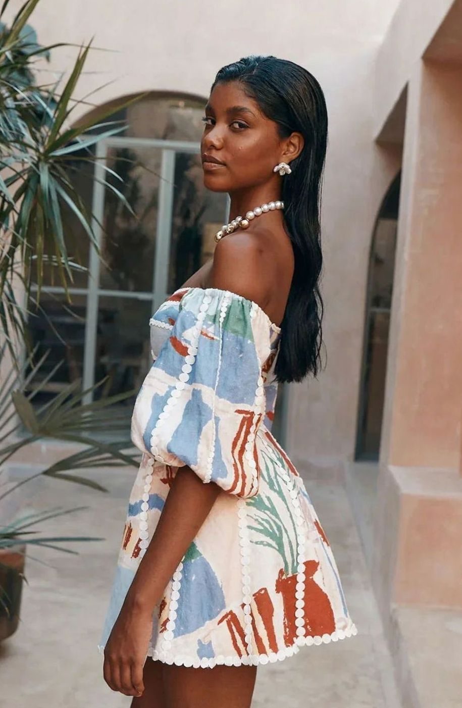 Women's Off-Shoulder Puff Sleeve Abstract Print Mini Dress
