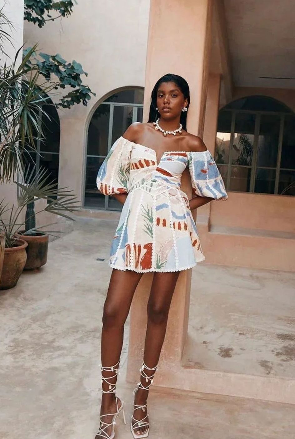 Women's Off-Shoulder Puff Sleeve Abstract Print Mini Dress