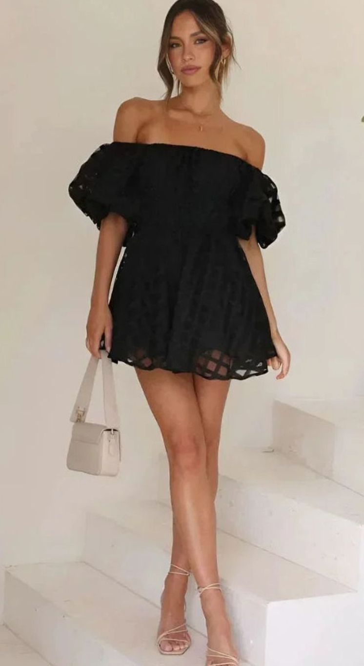 Women's Off-Shoulder Puff-Sleeve Checkered Black Mini Dress - Black