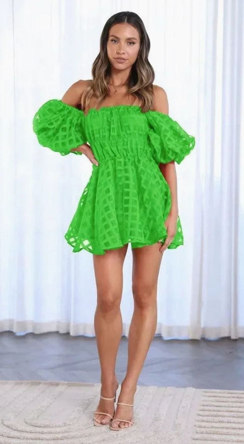 Women's Off-Shoulder Puff-Sleeve Checkered Black Mini Dress