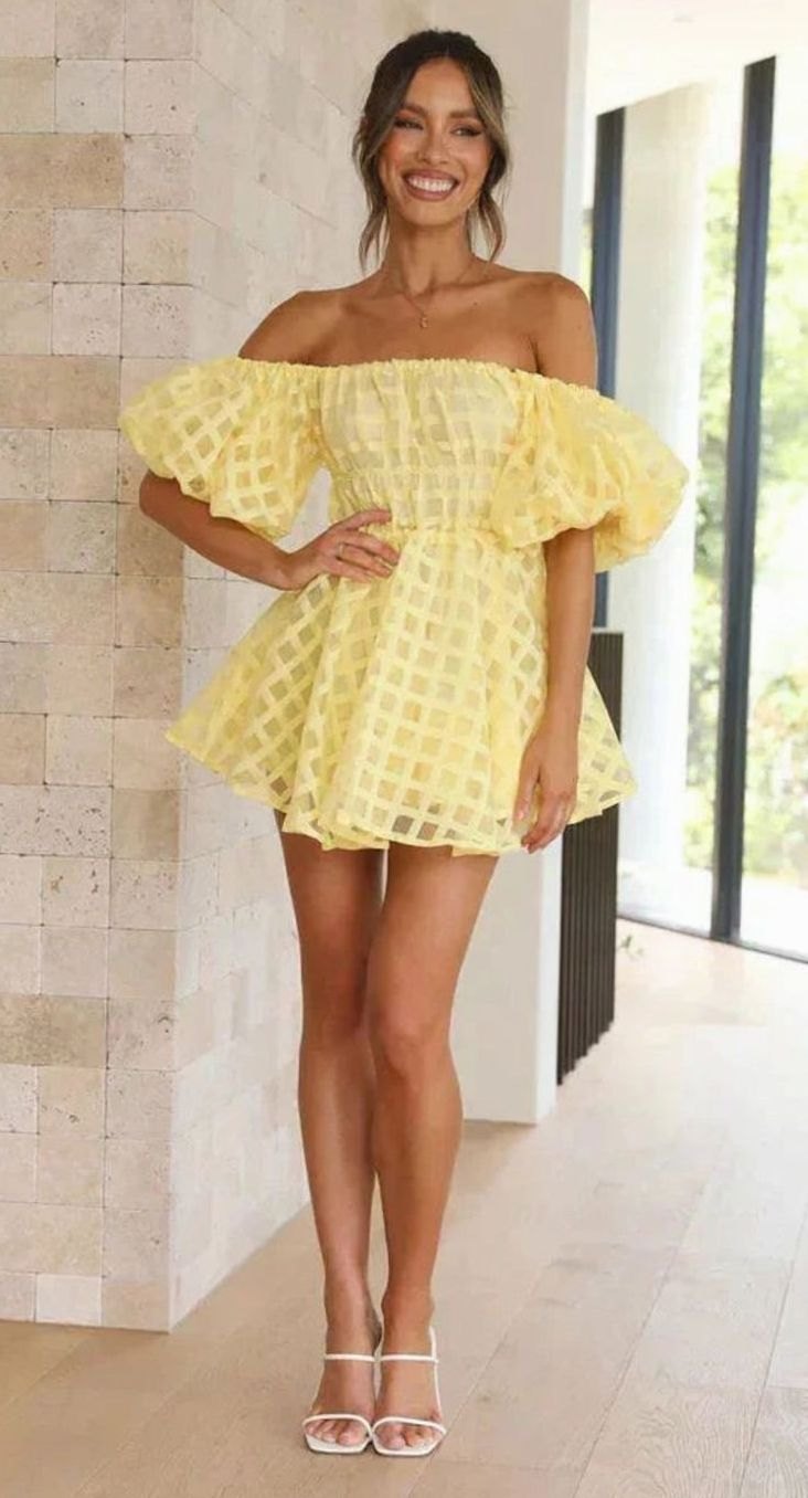 Women's Off-Shoulder Puff-Sleeve Checkered Black Mini Dress