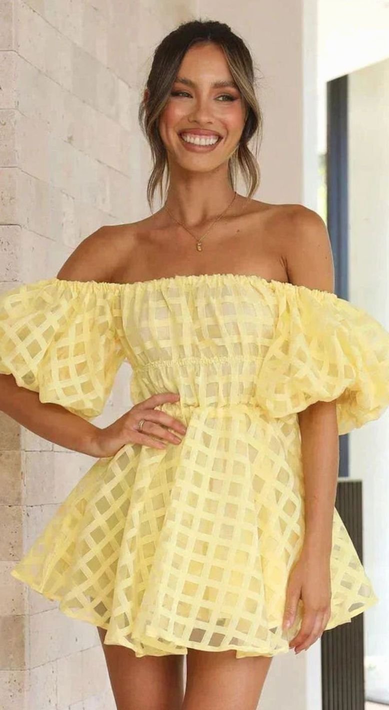 Women's Off-Shoulder Puff-Sleeve Checkered Black Mini Dress