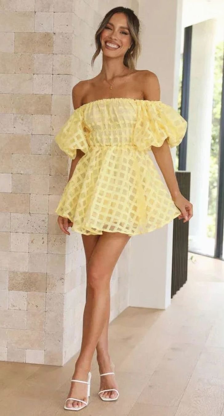 Women's Off-Shoulder Puff-Sleeve Checkered Black Mini Dress