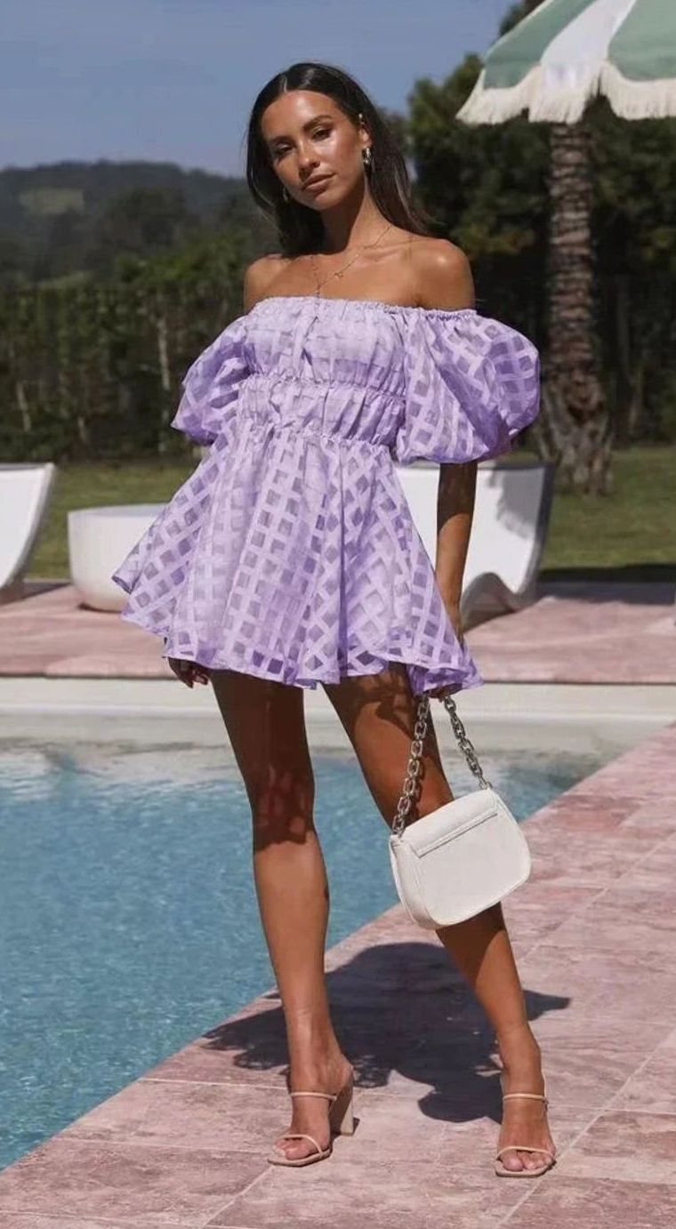 Women's Off-Shoulder Puff-Sleeve Checkered Black Mini Dress