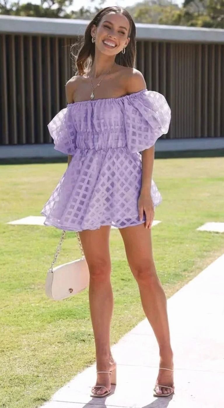 Women's Off-Shoulder Puff-Sleeve Checkered Black Mini Dress
