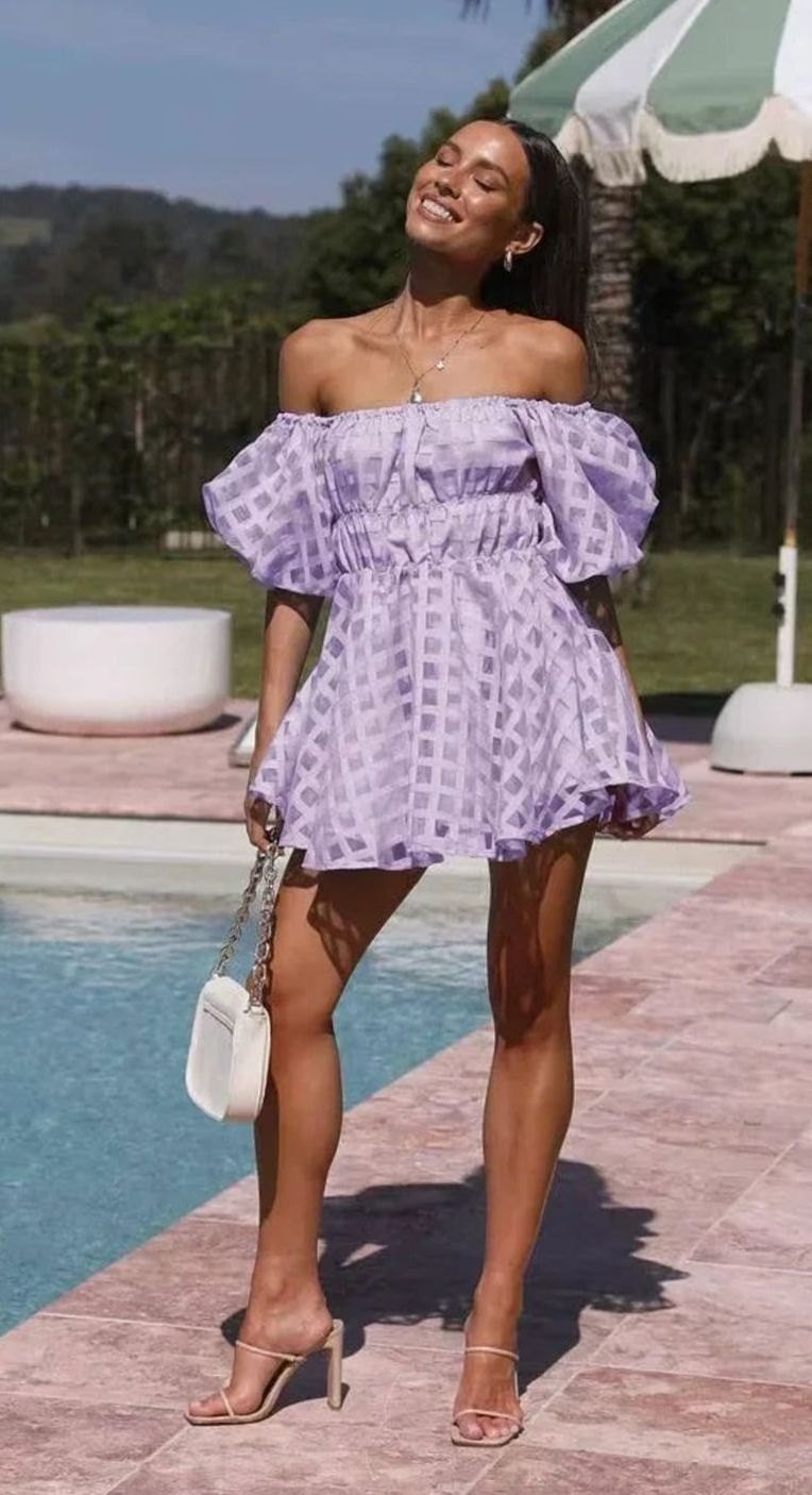 Women's Off-Shoulder Puff-Sleeve Checkered Black Mini Dress - Purple