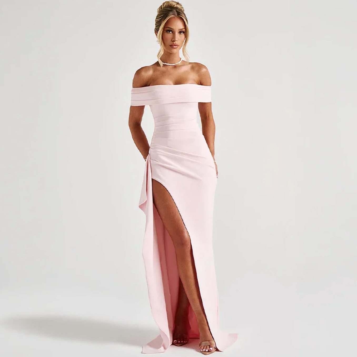 Women's Off-Shoulder Ruched High-Slit Formal Maxi Dress - Pink