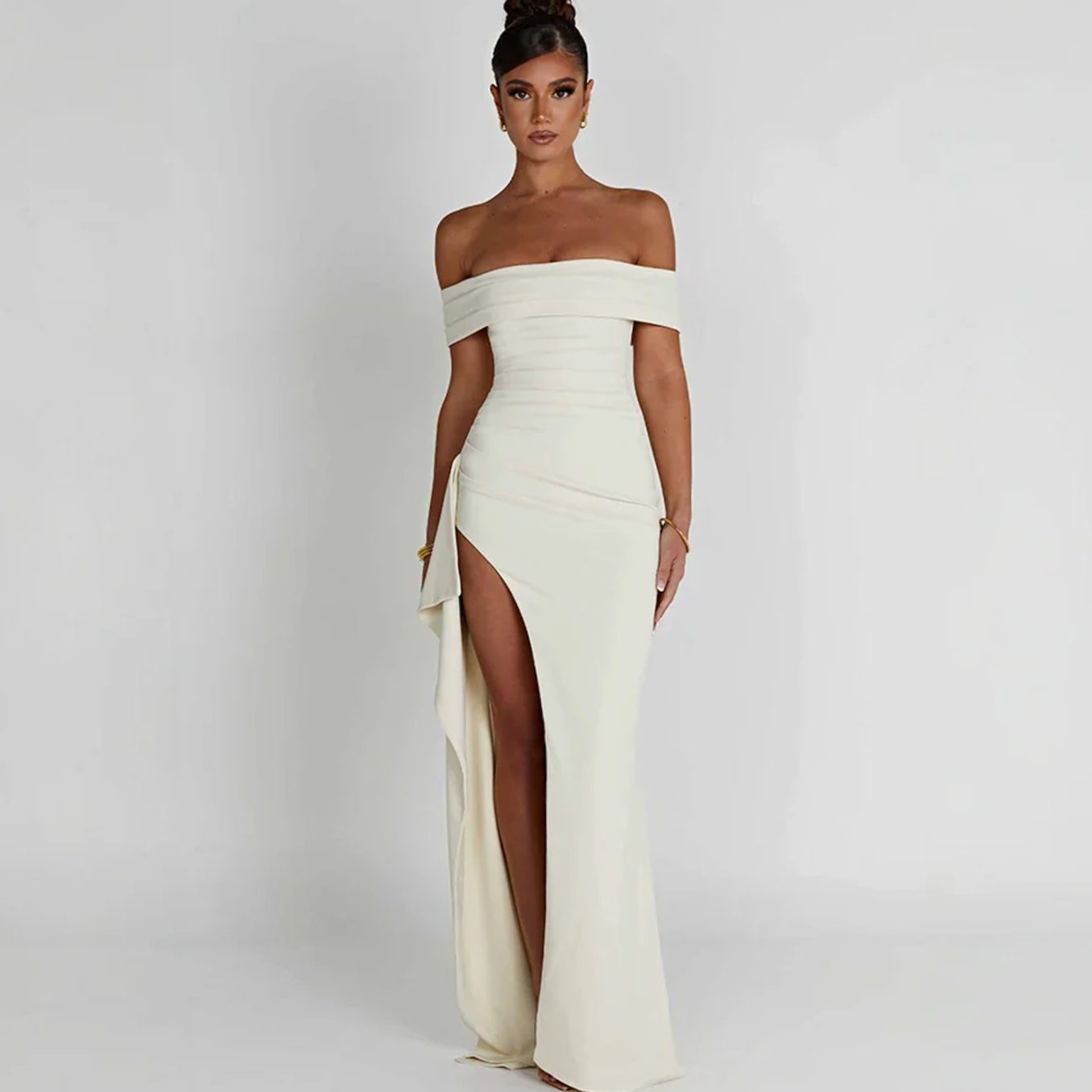 Women's Off-Shoulder Ruched High-Slit Formal Maxi Dress - White