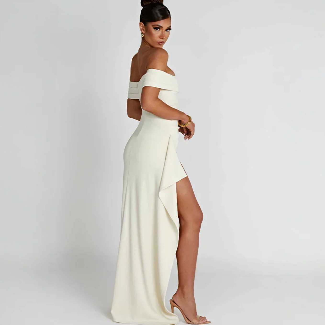 Women's Off-Shoulder Ruched High-Slit Formal Maxi Dress