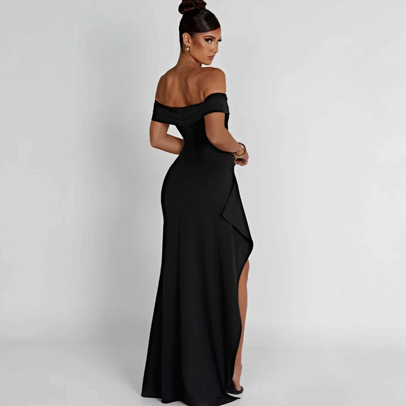Women's Off-Shoulder Ruched High-Slit Formal Maxi Dress