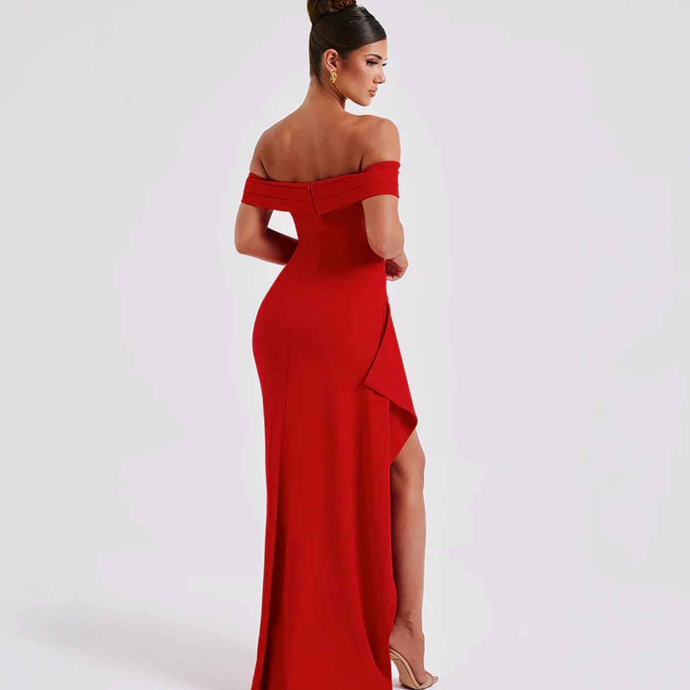 Women's Off-Shoulder Ruched High-Slit Formal Maxi Dress