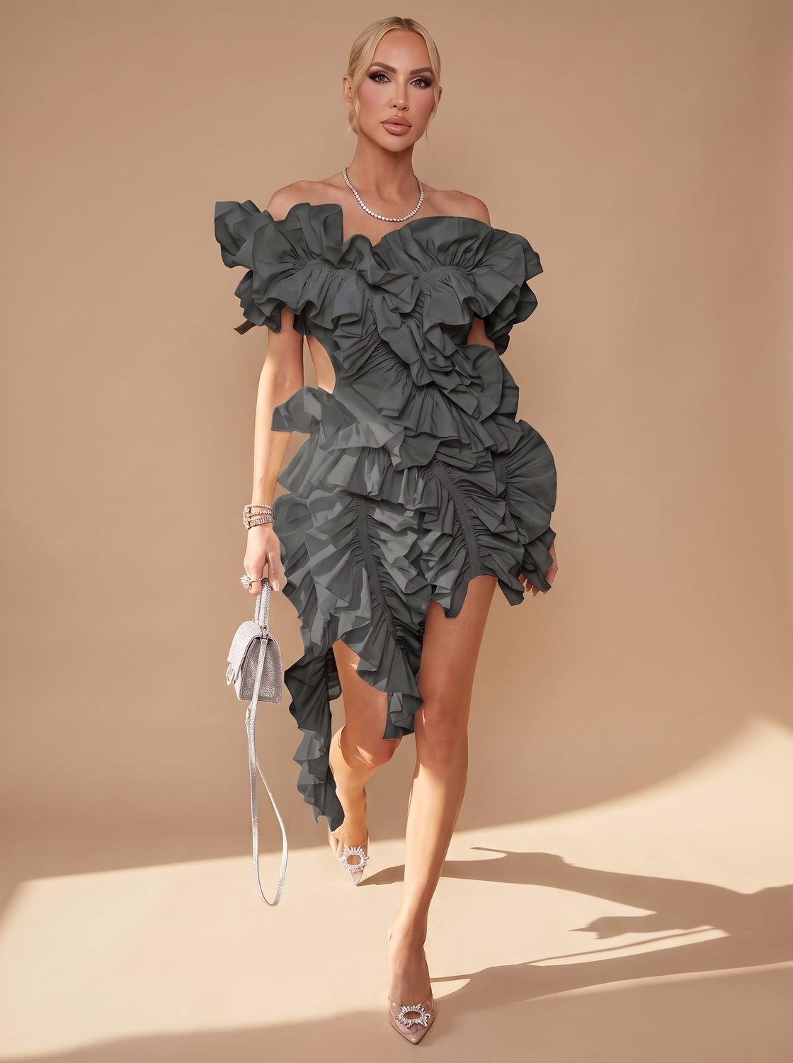 Women's Off-Shoulder Ruffled Asymmetric Cocktail Mini Dress - Black