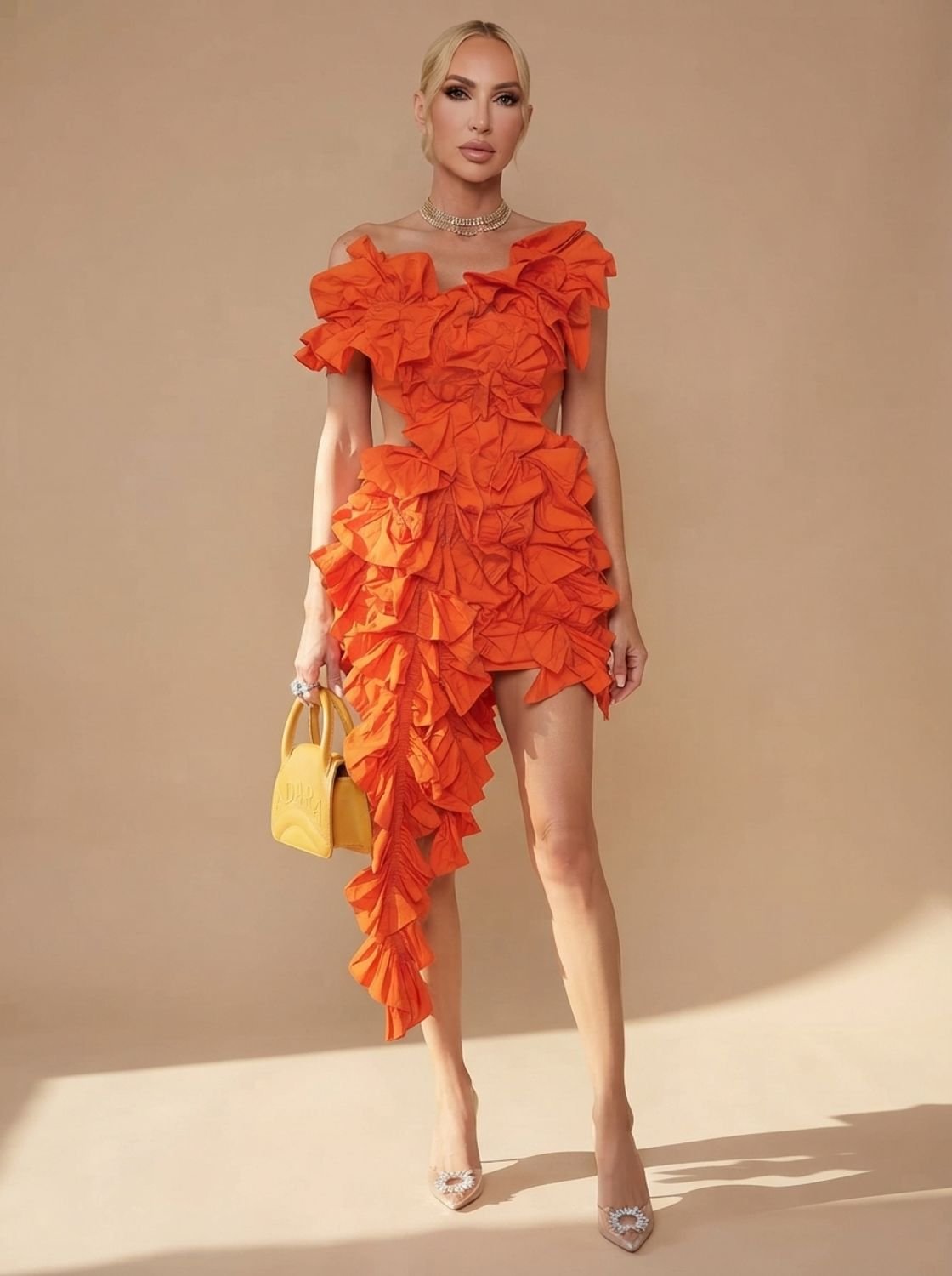 Women's Off-Shoulder Ruffled Asymmetric Cocktail Mini Dress - Orange
