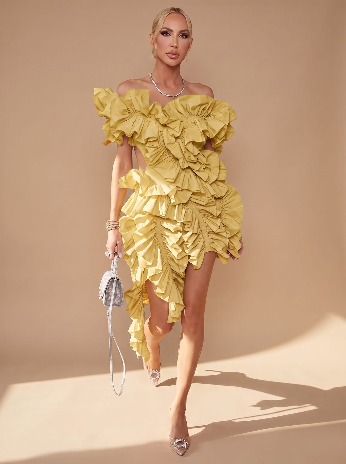Women's Off-Shoulder Ruffled Asymmetric Cocktail Mini Dress - Yellow