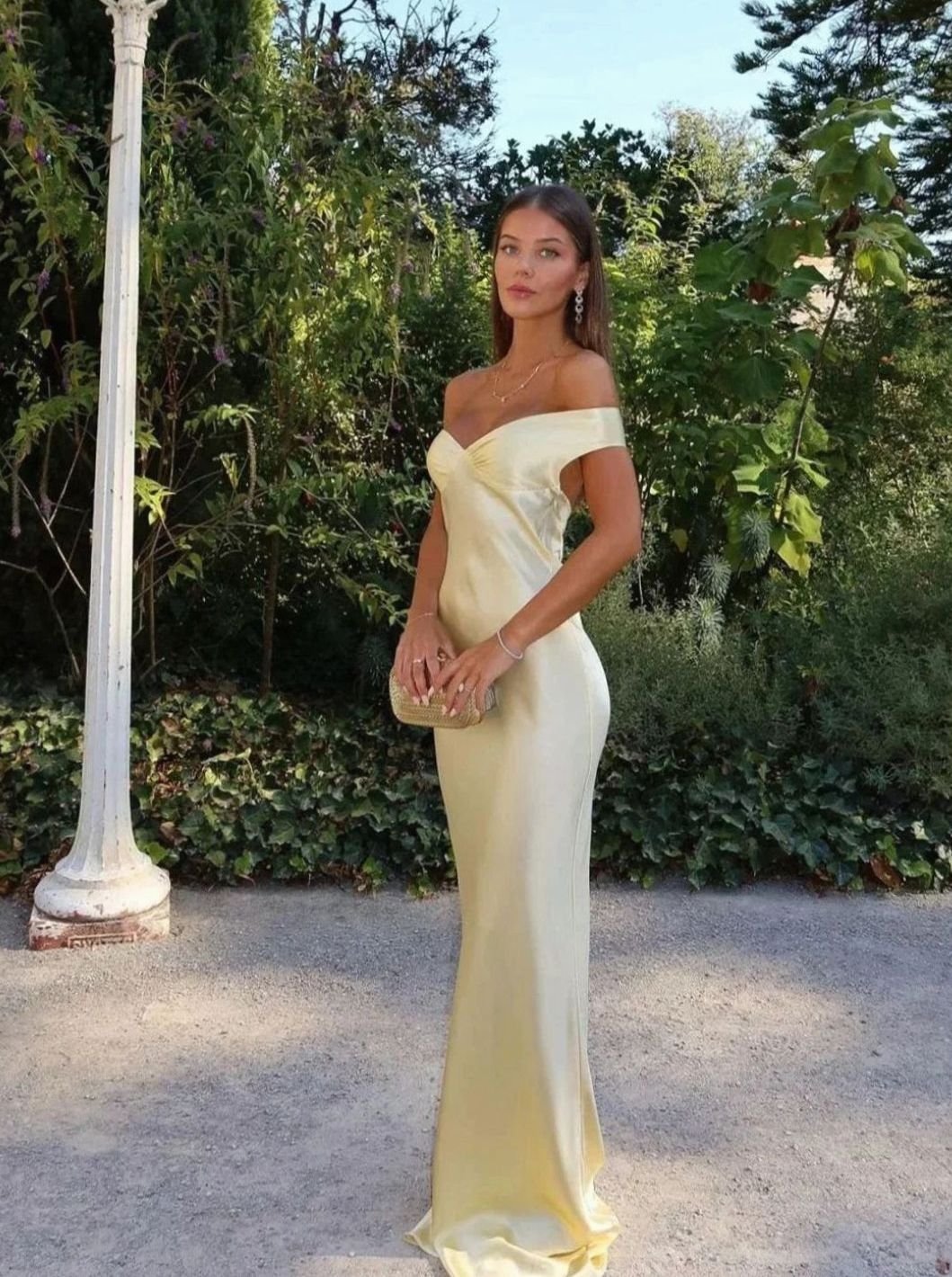 Women's Off-Shoulder Satin Maxi Wedding Guest Dress - Yellow